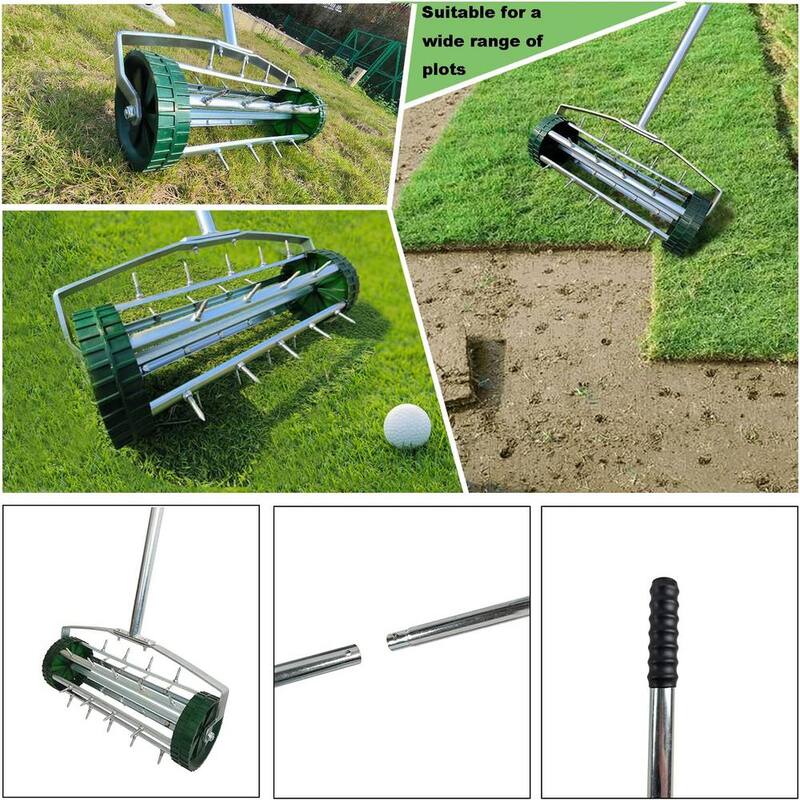 Otryad Heavy-Duty Rolling Lawn Aerator, Rotary Push Tine Spike Soil Lawn with 3-Piece Long Steel Handle for Garden Yard Grass - QS-YQ068