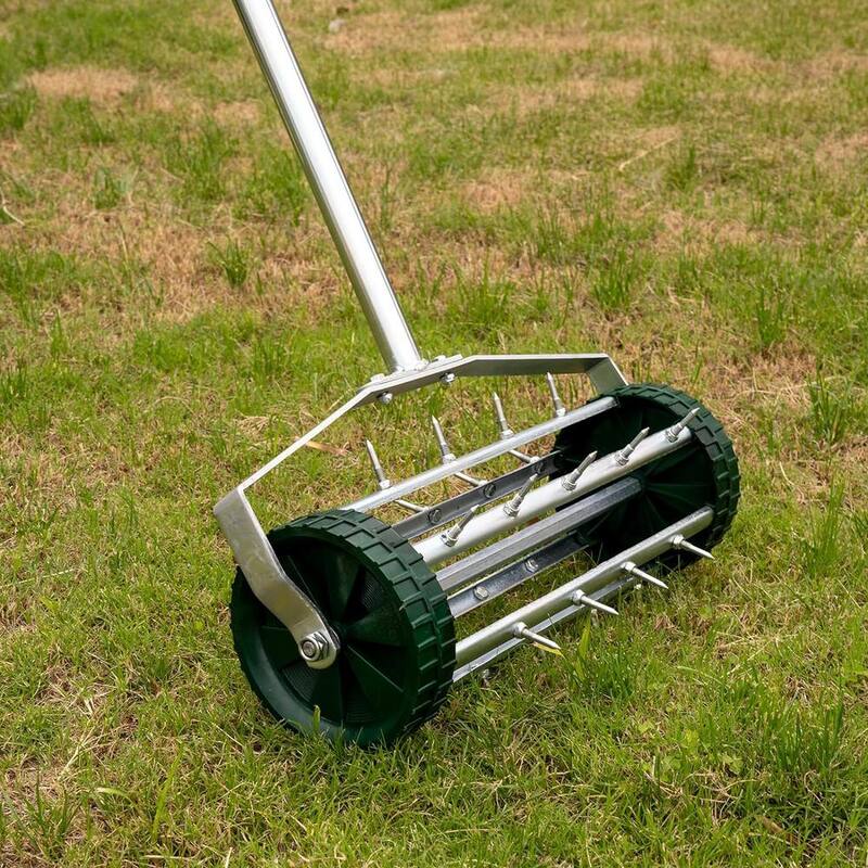 Otryad 16 in. Heavy-Duty Rolling Lawn Weeder, Rotary Push Spike Aerator Garden Tool with 3-Section Steel Handle - QS-YJ041