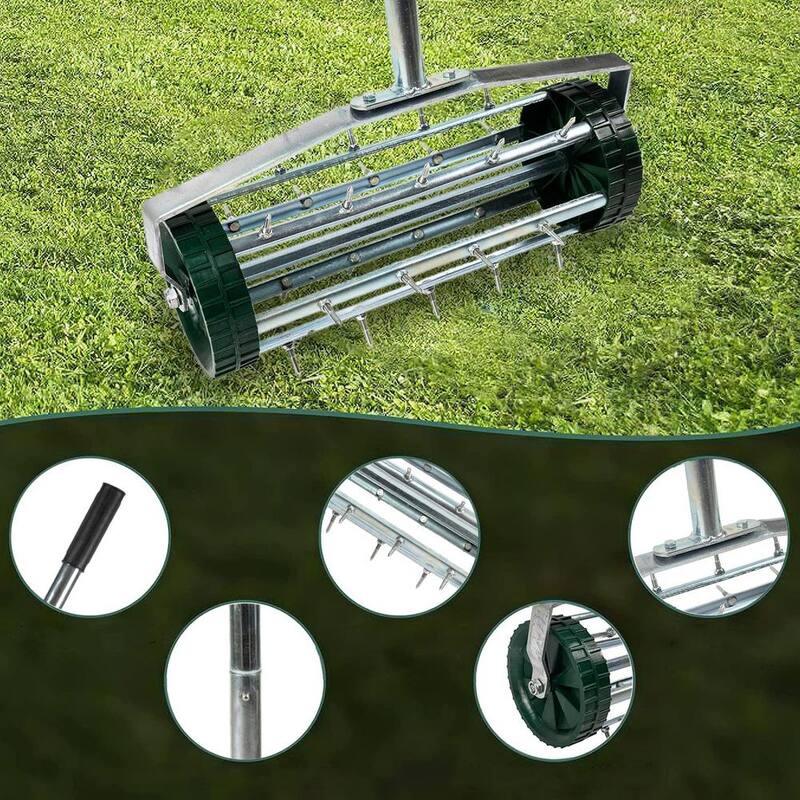 Otryad 16 in. Heavy-Duty Rolling Lawn Weeder, Rotary Push Spike Aerator Garden Tool with 3-Section Steel Handle - QS-YJ041