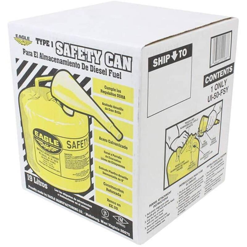Eagle 5 Gal. Capacity Yellow Galvanized Steel Type I Gasoline Safety Can with Funnel - UI50FSY