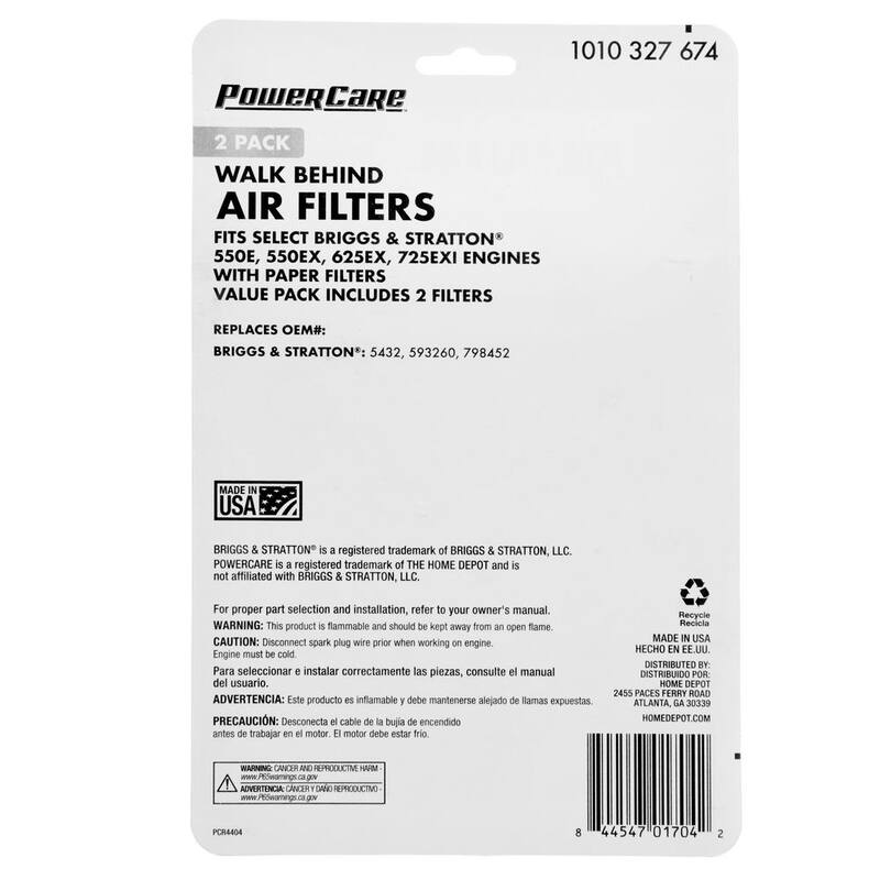 Powercare 2-PK Air Filter for Briggs and Stratton Engines, Replaces OEM Numbers 5432, 593260, 798452 - PCR4404