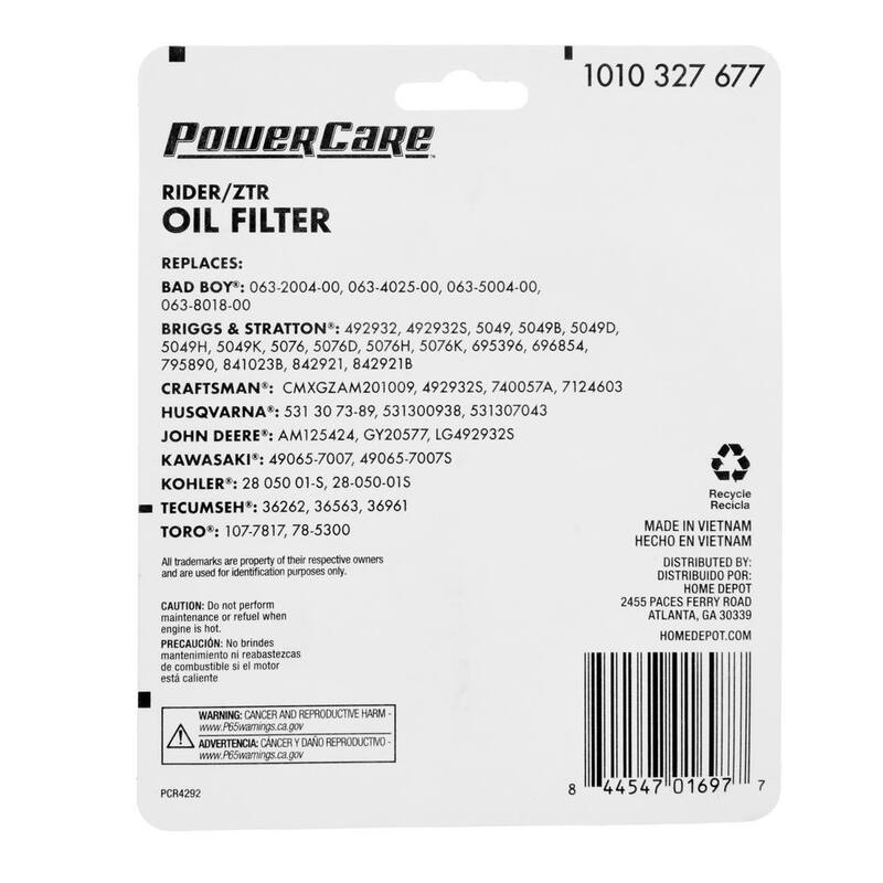 Powercare Oil Filter for Briggs and Stratton,John Deere,Kawasaki Replaces OEM Numbers 492932S, 5049, AM125424, GY20577, 49065-7007 - PCR4292