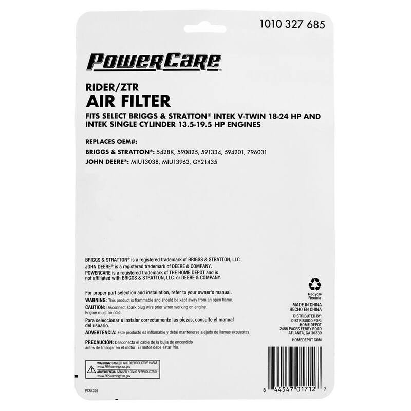 Powercare Air Filter for Briggs and Stratton, John Deere Engines, Replaces OEM Numbers 796031, GY21435, MIU14395 - PCR4395