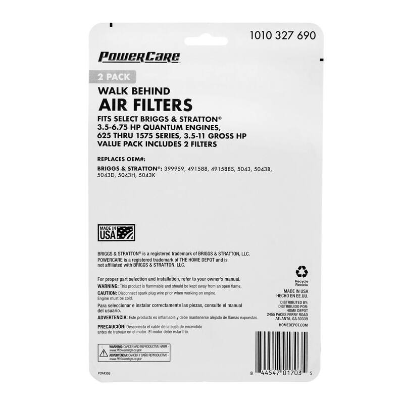 Powercare 2-PK Air Filter for Briggs and Stratton Engines, Replaces OEM Numbers 491588S, 5043K - PCR4305