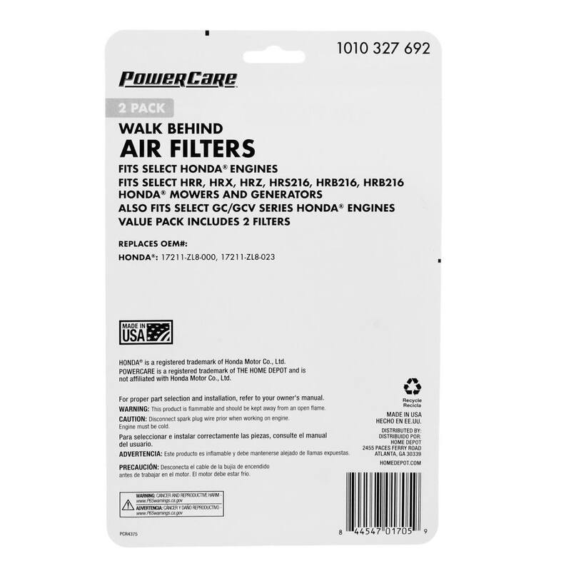 Powercare 2-PK Air Filter for Honda Engines, Replaces OEM Number 17211-ZL8-000, 08171-ZL8-001, 17211-ZL8-023 - PCR4375
