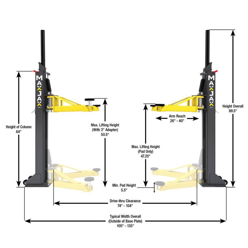 MAX JAX Symmetric Portable 2 Post Car Lift with 7,000 lbs. Weight Capacity and 110V Power Unit Included - 5175548