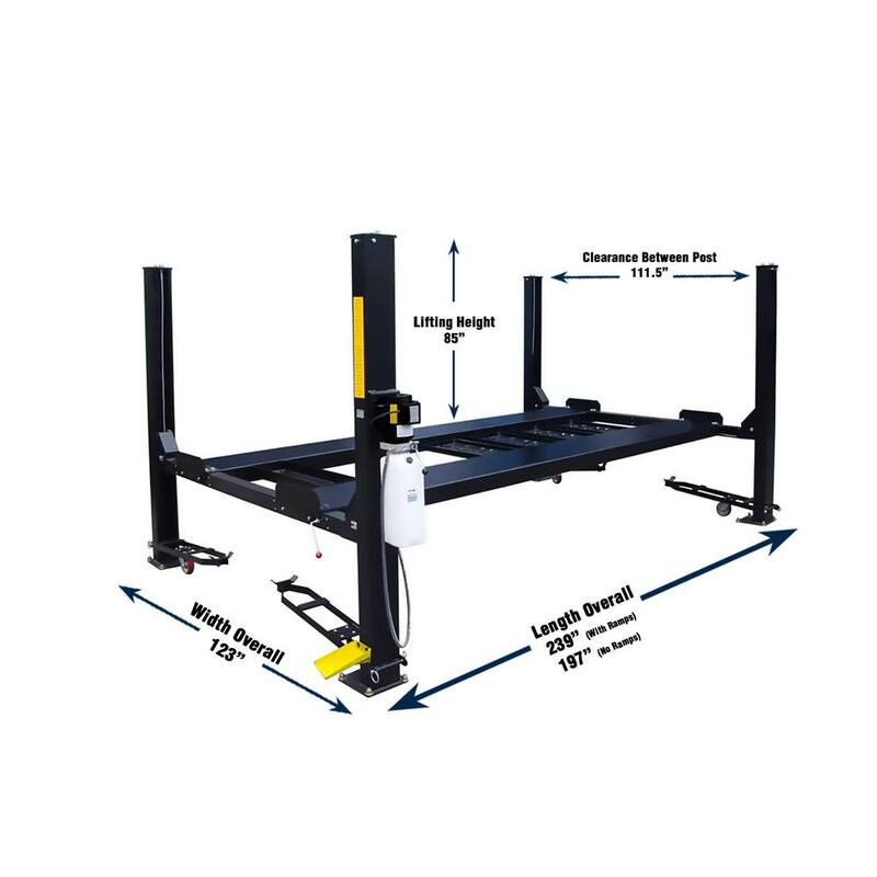 TUXEDO Storage 4-Post Car Lift 9,000 lbs. Extended Length/Height - With Poly Casters, Drip Trays, Jack Tray - FP9K-DX-XLT