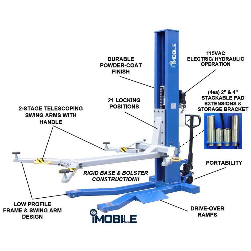 IDEAL Mobile Single Column Car Lift 6,000 lbs. Capacity Heavy Duty Model With Stackable Extensions included - MSC-6KLP