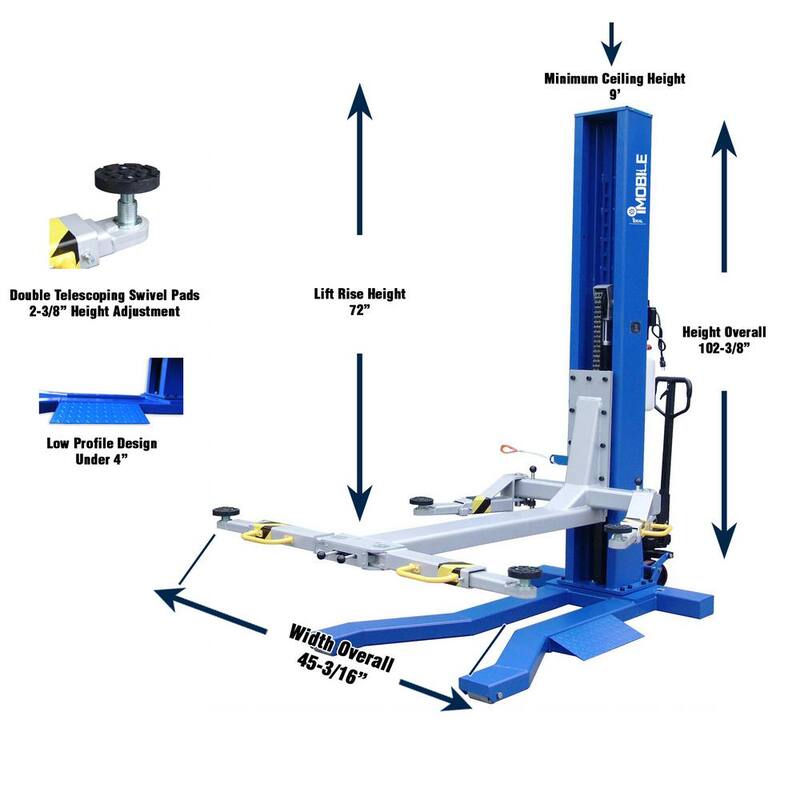 IDEAL Mobile Single Column Car Lift 6,000 lbs. Capacity Heavy Duty Model With Stackable Extensions included - MSC-6KLP