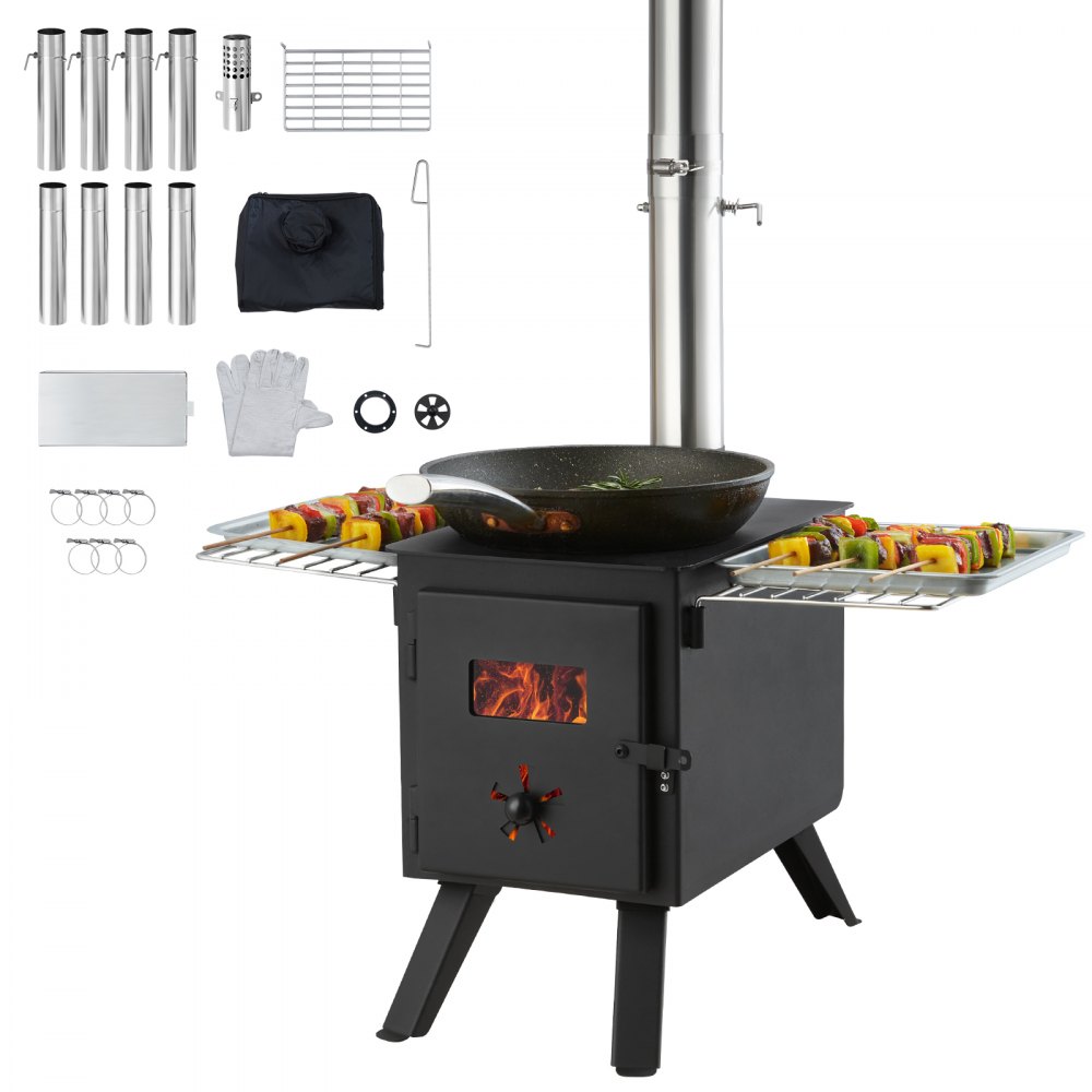 VEVOR Wood Stove, 86 inch, Alloy Steel Camping Tent Stove, Portable Wood Burning Stove with Chimney Pipes & Gloves, 1400in³Firebox Hot Tent Stove for Outdoor Cooking and Heating with 8 Pipes - ZPQNLFX86INCH1GEGV0