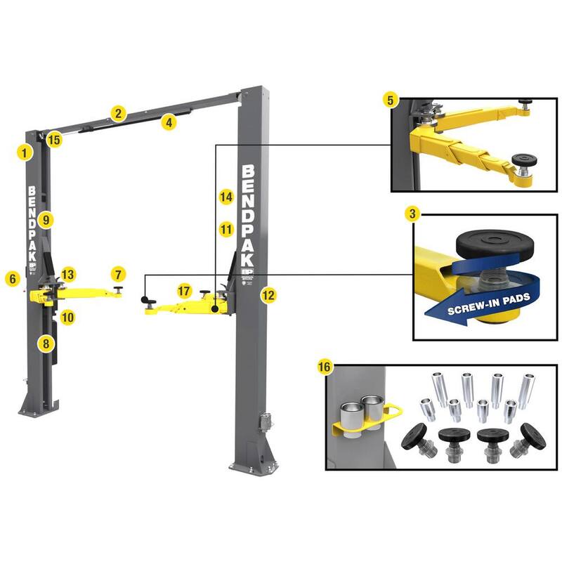 BENDPAK 10APX 2 Post Car Lift 10,000 lb Capacity-Adaptable Clearfloor w/Adjustable Width, High Rise, 220V Power Unit Included - 5175306