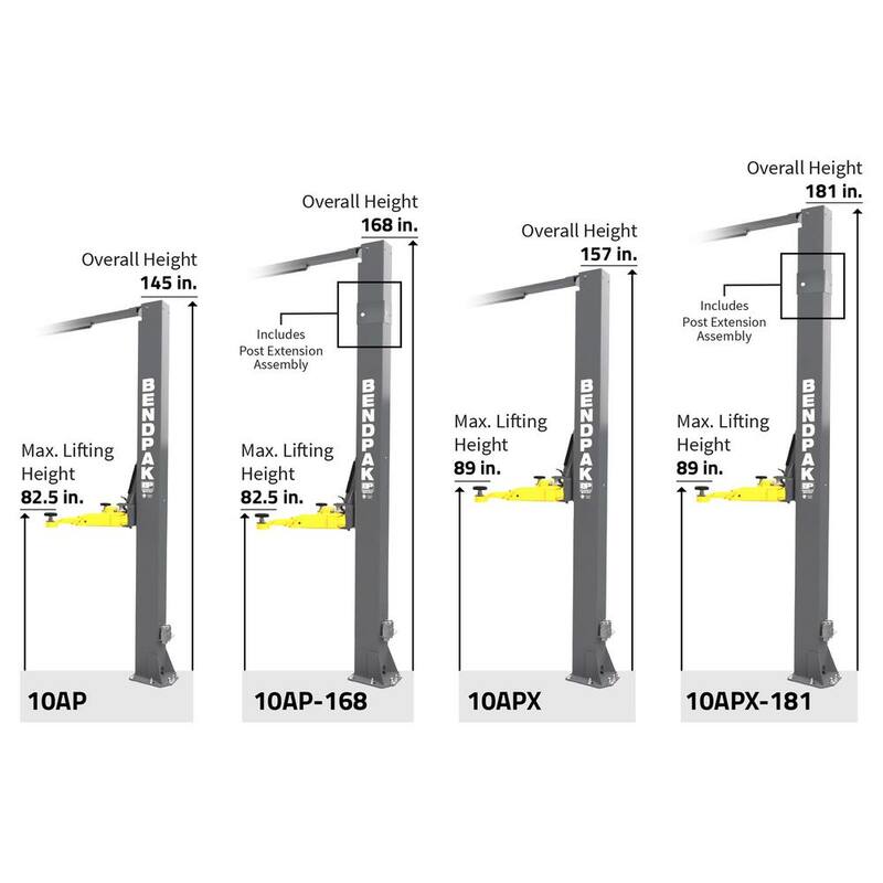BENDPAK 10AP-168 2-Post Vehicle Lift 10000 lbs. Capacity - Clearfloor Design with Adjustable Width with 220V Power Unit Included - 5175305