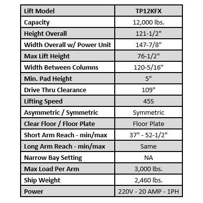 TUXEDO 2-Post Floor Plate Car Lift 12,000 lbs. Capacity Heavy Duty Design - TP12KFX