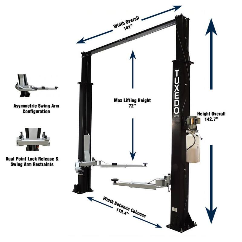 TUXEDO Asymmetric 2 Post Car Lift Clear Floor 9,000 lbs. Capacity Heavy Duty in Black - TP9KAC-TUX