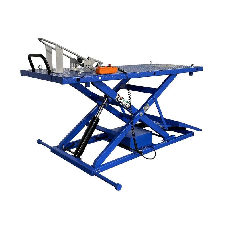IDEAL Electric-Hydra Motorcycle Scissor Lift Bench with Integrated Motor and Retractable Ramp 2200 lbs. Capacity - M-2200IEH-XR