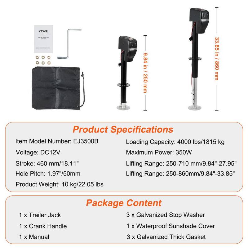 VEVOR Electric Trailer Jack 4000 lbs. Capacity Power Tongue Jack w/Waterproof Cover for Lifting RV Trailer 9.8 in. to 33.9 in. - DDTCQJ4000LBSRJ5DV9