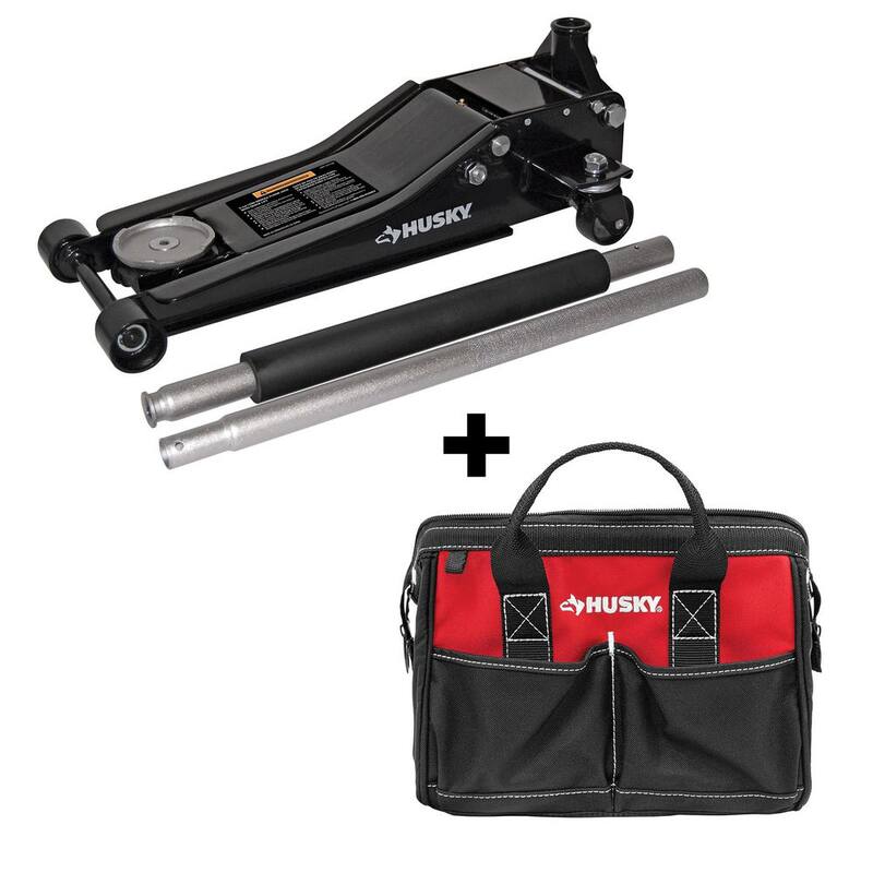 Husky 3-Ton Low Profile Car Jack with Quick Lift with 12 in. 4 Pocket Zippered Tool Bag - HD0012060012-BD