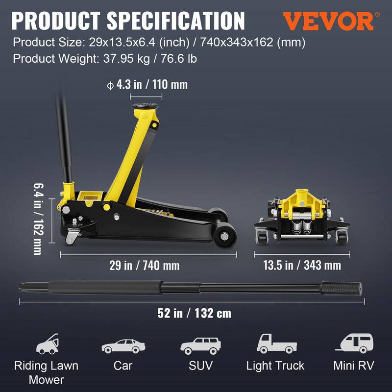 VEVOR Floor Jack 4 Ton Low Profile Floor Jack, Heavy-duty Steel Racing Floor Jack Lifting Range 3.35in.-19.69in. - SGWSQJDTZSG4TQQ3LV0