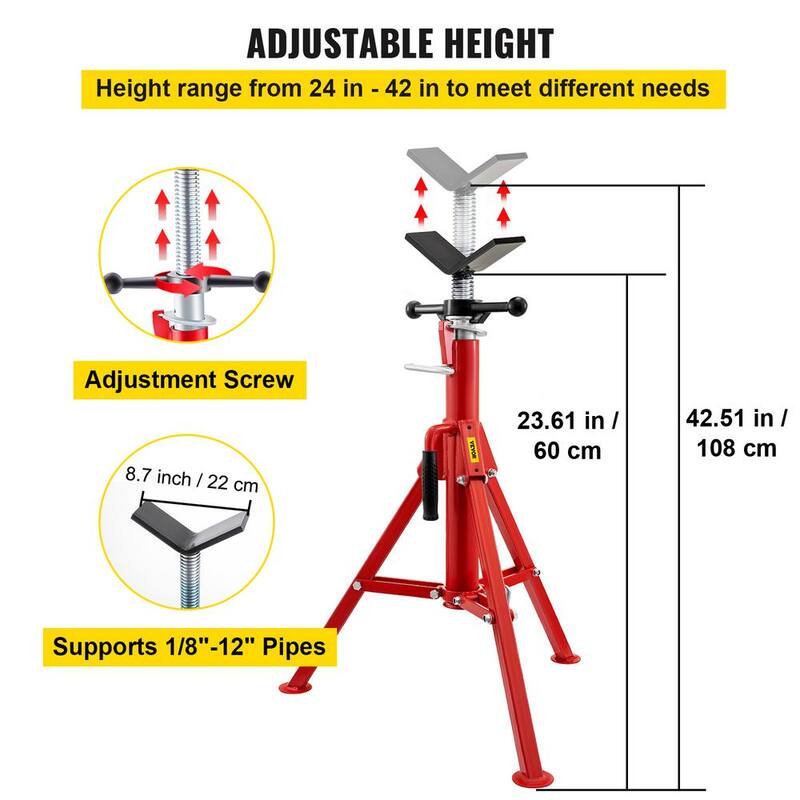 VEVOR V Head Pipe Stand 24 in. to 42 in. Adjustable Height Steel Pipe Jack Stands 2500 lbs. Load for 1/8 in. to 12 in. Pipe - GJ1107BGJ-VX00001V0