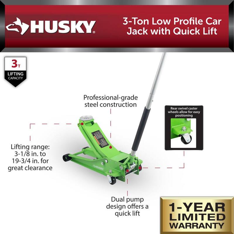 Husky 3-Ton Green Low Profile Car Jack with Quick Lift - HD00120-GR-TH