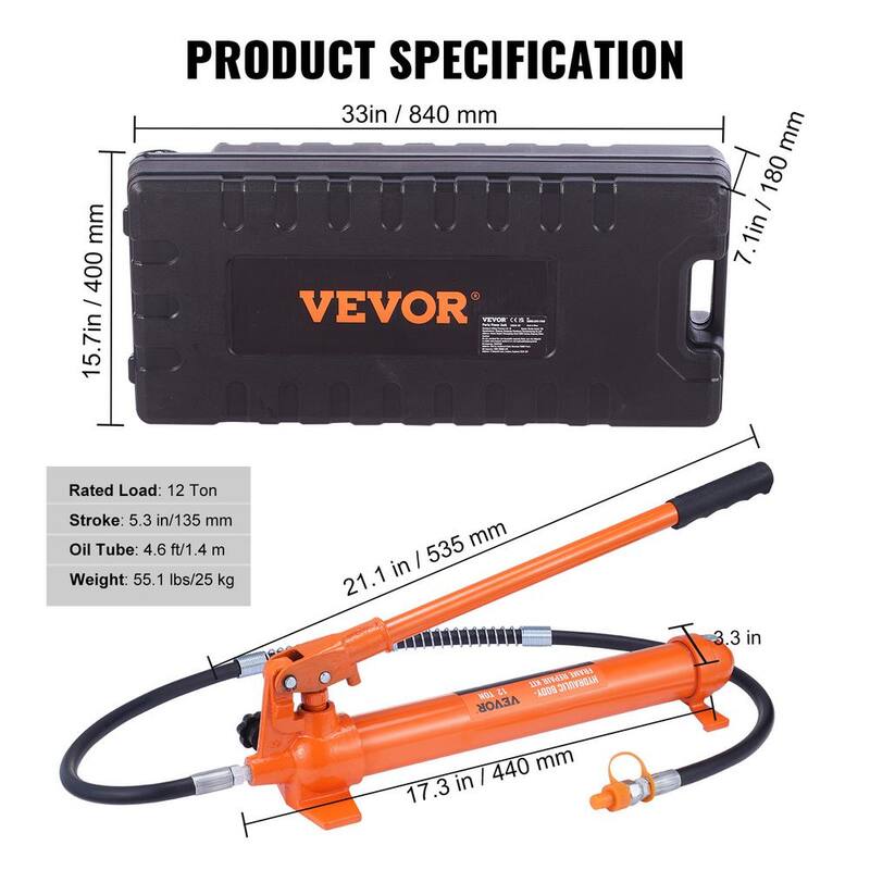 VEVOR 12 Ton Porta Power Hydraulic Jack Kit 26455 Lbs. Load Body Repair Tool with 4.6 ft. Oil Hose Carry Case for Automotive - FLDTJ12ABSTPUZ0B7V0