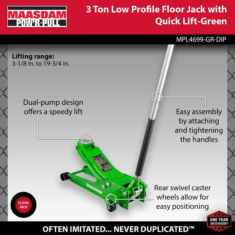 Maasdam 3-Ton Low Profile Car Jack with Quick Lift in Green - MPL4699-GR-DIP