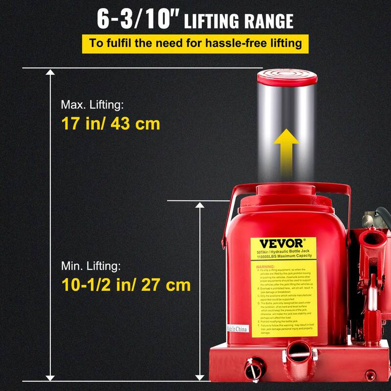 VEVOR 110231 lbs. 50-Ton Bottle Air Hydraulic Bottle Jack Rugged Steel Construction Heavy-Duty Air Jack - QJD50TSTSYYGS0001V0