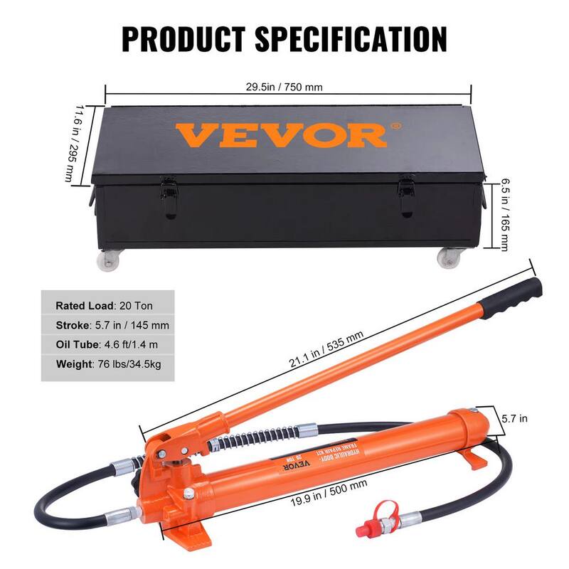 VEVOR 20 Ton Porta Power Hydraulic Jack Kit 44000 Lbs. Load Body Repair Tool with 4.6 ft. Oil Hose Carry Case for Automotive - FLDTJHSD20TPUKYSUV0