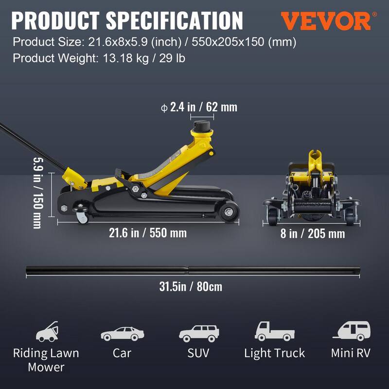 VEVOR Low Profile Floor Jack 2.5 Ton Heavy Steel Single Piston Hydraulic Pump Heavy-strength Steel Construction - DGWSQJDTDG25TNS38V0-0702
