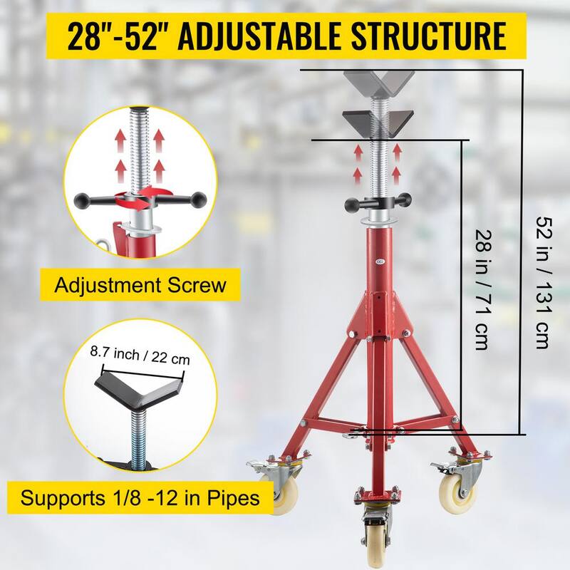 VEVOR 28 in. to 52 in. Pipe Jack Stand 882 lbs. Load Folding V Head Pipe Stand with lockable Casters for 1/8 to 12 in. pipes - GJGJXDL1107AV65OSV0
