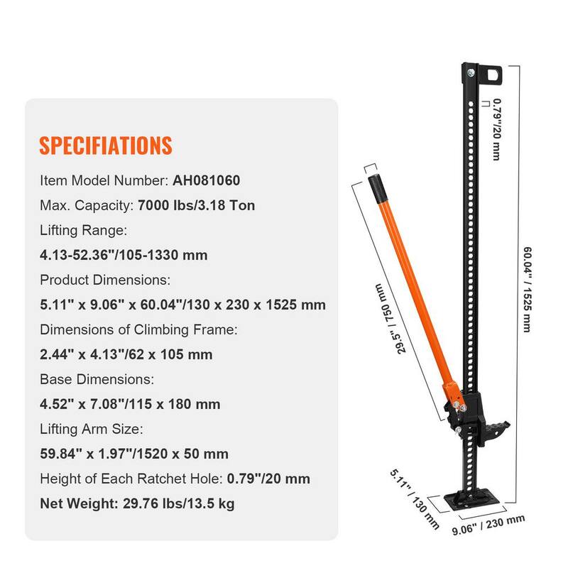 VEVOR High Lift Farm Jack, 60 in. Utility Farm Jack, 7000 lbs. Capacity Ratcheting Off Road Utility Jack, Heavy-Duty Farm Jack - NCJYQJDHJG60I6KU2V0-0729