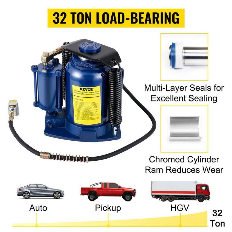 VEVOR 32-Ton Air Hydraulic Bottle Jack Pneumatic/Manual Dual Operation High Lift Pneumatic Hydraulic Bottle Jack - QDYYQJDQCW32TGNR2V0