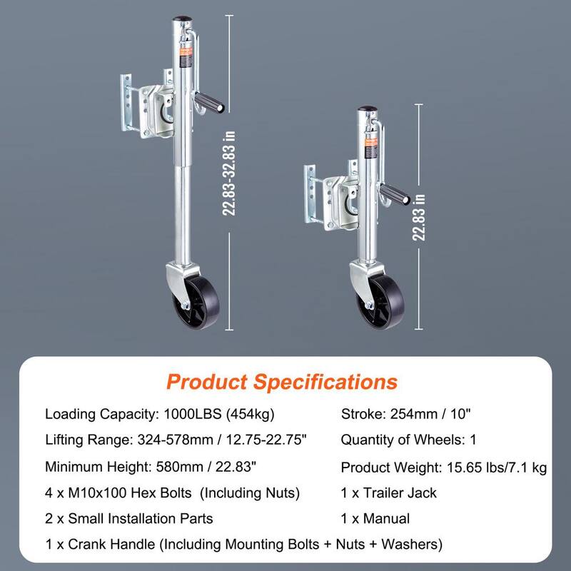 VEVOR Trailer Jack, Boat Trailer Jack 32.8 in., Bolt-on Trailer Tongue Jack Weight Capacity 1,000 lb., with PP Wheel - YTTCQJ1000LBSXBQBV0-805