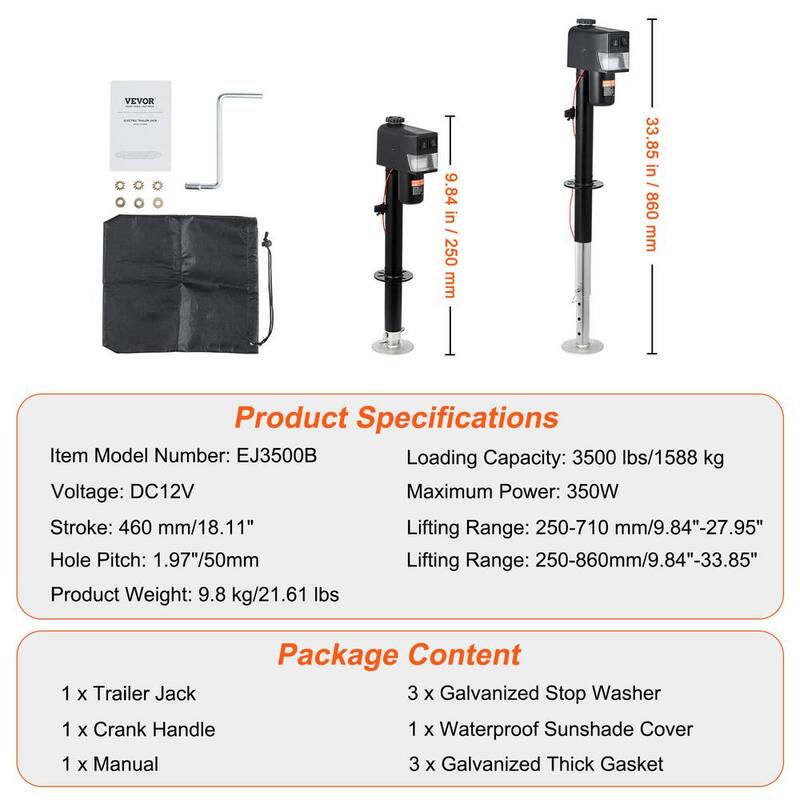 VEVOR Electric Trailer Jack 3500 lbs. Capacity Electric Tongue Jack w/Waterproof Cover for Lifting RV Trailer 9.84 - 33.85 in. - DDTCQJ3500LBS97VPV9