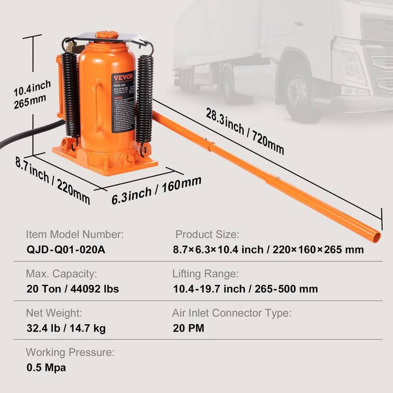 VEVOR Air Hydraulic Bottle Jack, 20 Ton/40,000 lbs. All Welded Bottle Jack, 10.4 in. -19.7 in. Lifting Range, Manual Handle - P20T10420INCHKRBMV0-0702