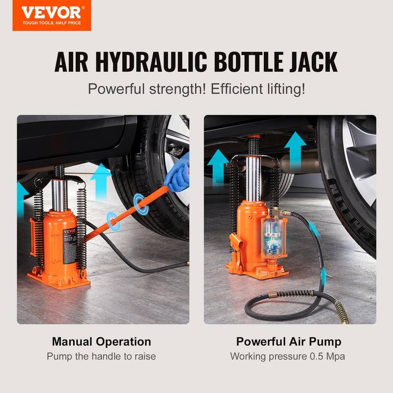VEVOR Air Hydraulic Bottle Jack, 20 Ton/40,000 lbs. All Welded Bottle Jack, 10.4 in. -19.7 in. Lifting Range, Manual Handle - P20T10420INCHKRBMV0-0702