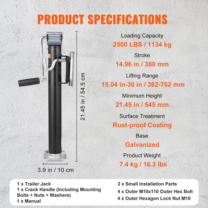 VEVOR Trailer Jack, Trailer Tongue Jack Fix Mount Bolt-on 2500 lb.Capacity, Trailer Jack Stand with Handle for RV Trailer - BSLSTC2500LBSX99BV0-808
