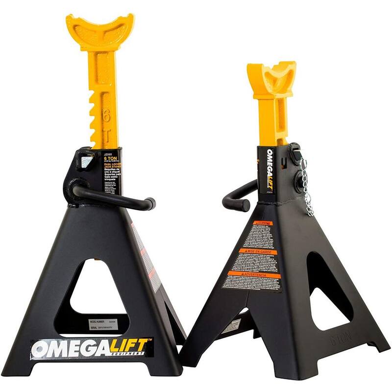 Omega Lift 6-Ton Jack Stands Pair - Double Locking Pins - Handle Lock and Mobility Pin for Auto Repair Shop with Extra Safety - JZ060