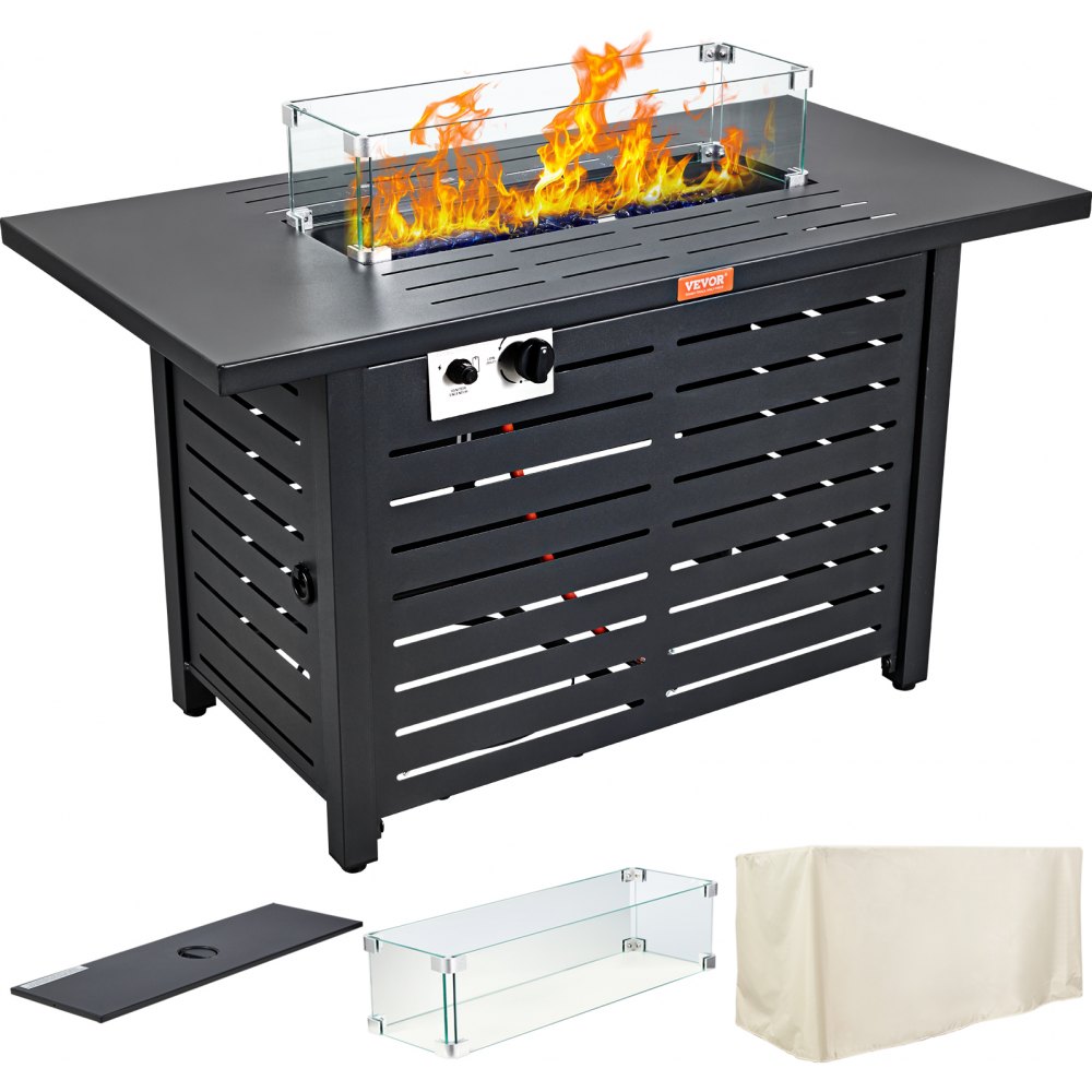 VEVOR Gas Fire Pit Table, 43 In 50000 BTU, Propane Outdoor Wicker Patio fire Pits with Carbon Steel Tabletop, Lava Rock, Glass Wind Guard, Cover, Add Warmth to Gathering on Garden Backyard, CSA Listed - JXJSWGHKZYC43O18PV0
