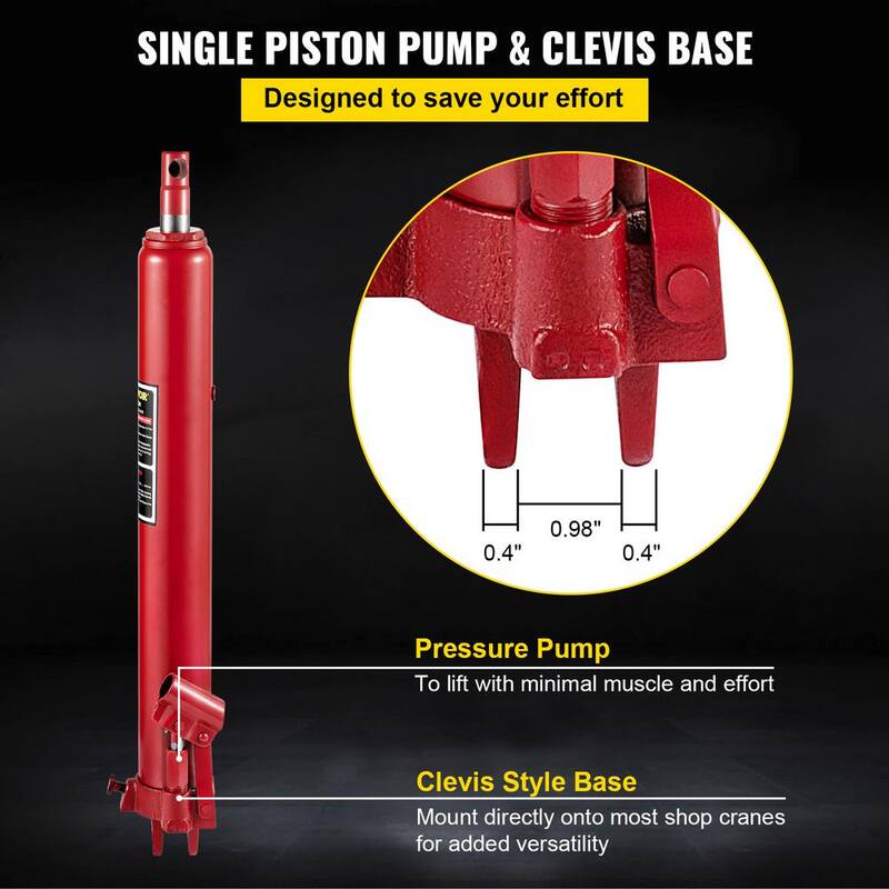 VEVOR 3-Tons 6600 lbs. Red Hydraulic Long Ram Jack Manual Cherry Picker with Single Piston Pump, Clevis Base and Handle - ZGYYQJDHSDG3TIWREV0