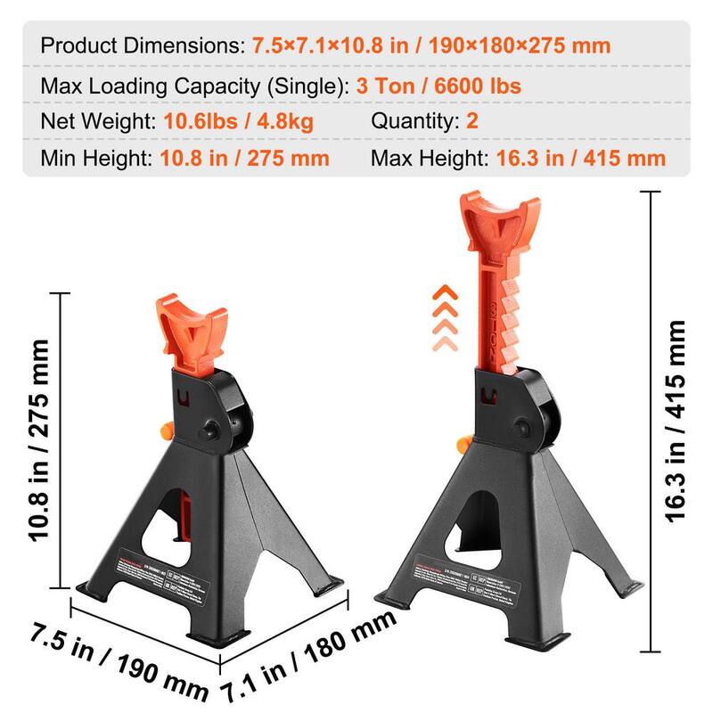 VEVOR Jack Stands, 3-Ton (6,000 lbs.) Capacity Car Jack Stands, 10.8-16.3 in. Adjustable Height, for lifting SUV, Pickup Truck - QJDZJD231AGVI2CF2V0-0802