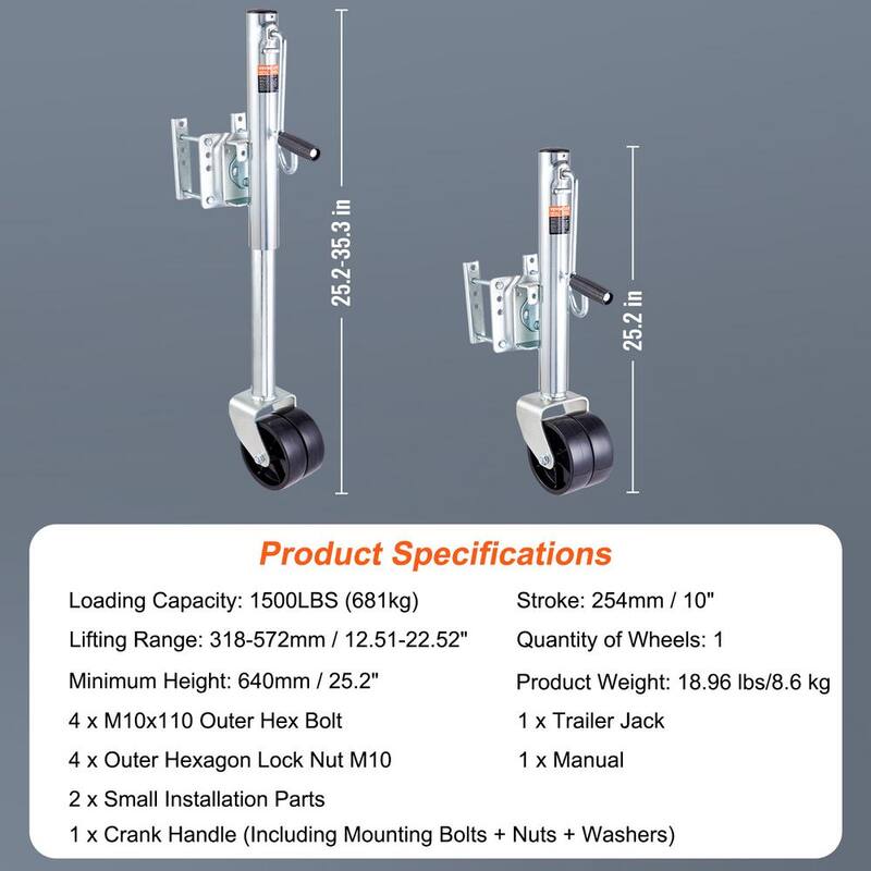 VEVOR Trailer Jack, Boat Trailer Jack 35.3 in., Bolt-on Trailer Tongue Jack Weight Capacity 1,500 lb., with PP Wheels - YTTCQJ1500LBSYGP0V0-805