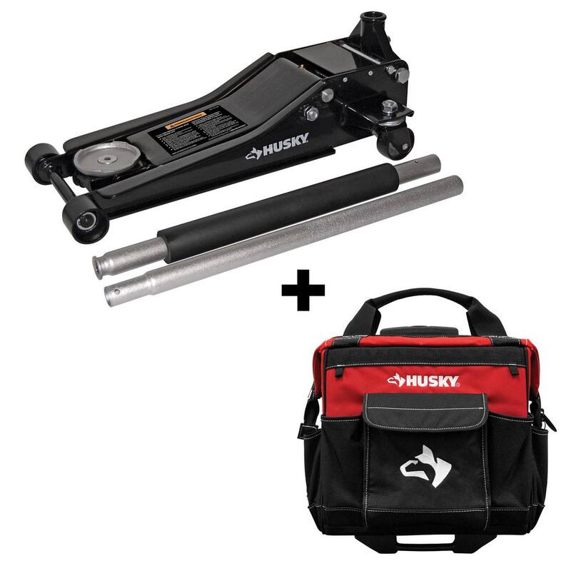Husky 3-Ton Low Profile Car Jack with Quick Lift with 14 in. 13 Pocket Rolling Tool Bag - HD0012065014-BD