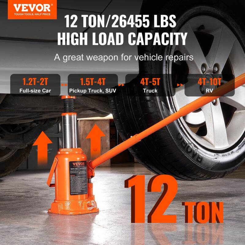 VEVOR Hydraulic Bottle Jack, 12 Ton/24,000 lbs. All Welded Bottle Jack, 7.5 in. -14 in. Lifting Range, with 3-section - PS12T7514INCHXNRRV0-0702