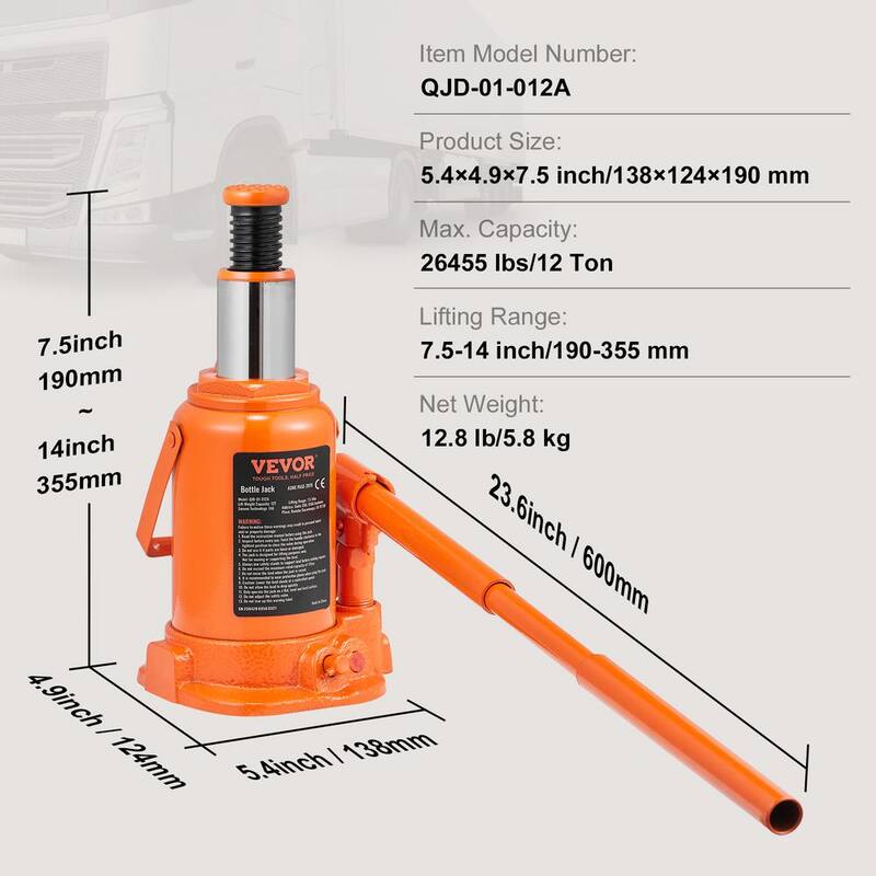 VEVOR Hydraulic Bottle Jack, 12 Ton/24,000 lbs. All Welded Bottle Jack, 7.5 in. -14 in. Lifting Range, with 3-section - PS12T7514INCHXNRRV0-0702