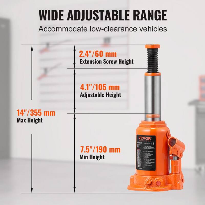 VEVOR Hydraulic Bottle Jack, 12 Ton/24,000 lbs. All Welded Bottle Jack, 7.5 in. -14 in. Lifting Range, with 3-section - PS12T7514INCHXNRRV0-0702