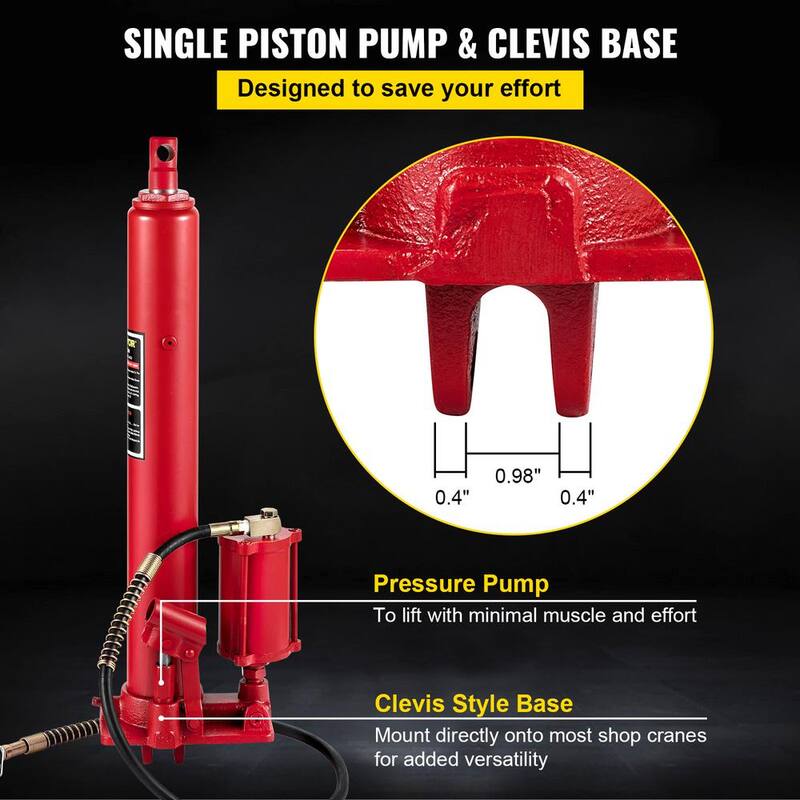SKYSHALO Hydraulic/Pneumatic Long Ram Jack, 8 Tons/17,363 lbs. Capacity, with Single Piston Pump and Clevis Base, Manual Cherry - ZGQDYYQJDHS8TS6KBV0-0716