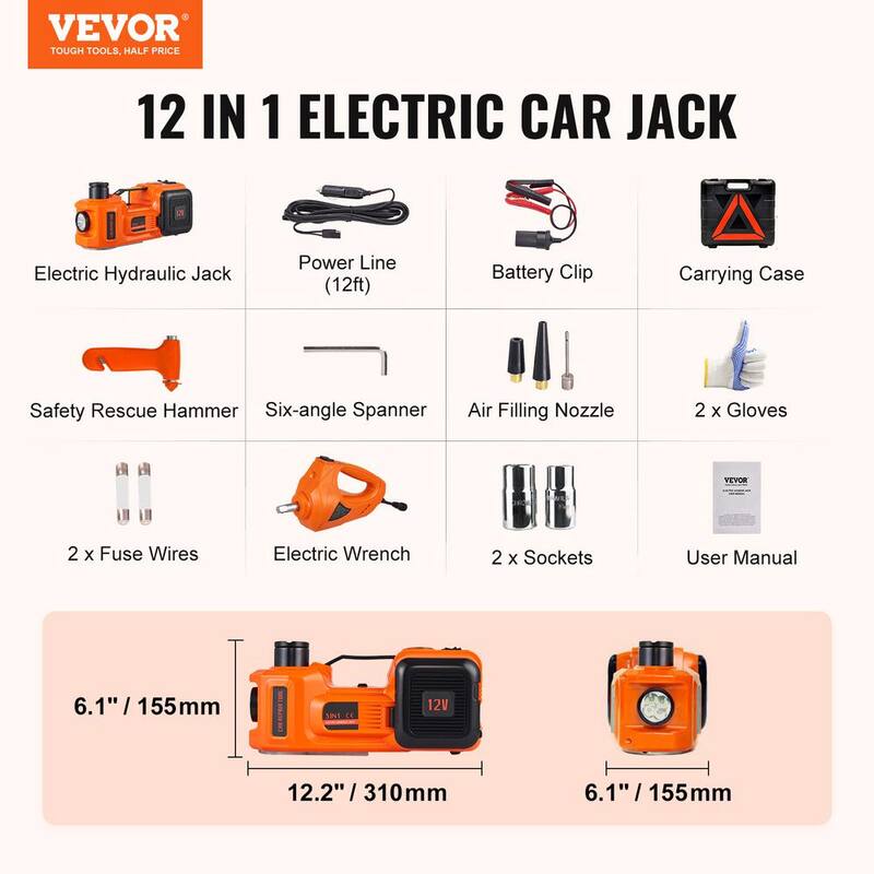 VEVOR Electric Car Jack, 5 Ton/11023 lbs. Hydraulic Jack with Impact Wrench, Portable Car Lift with Built-in Inflatable Pump - DDYYQJDTJDDD5W1H1V9-0920