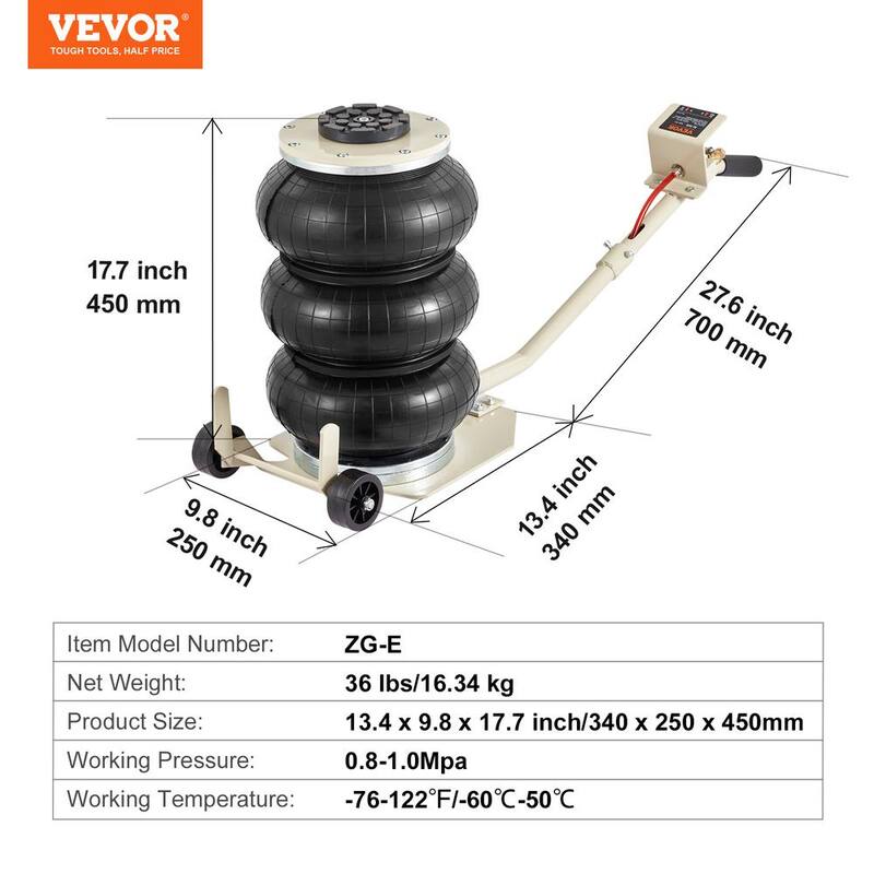 VEVOR Triple Bag Air Jack 3 Ton/6600 lbs. Pneumatic Jack for Car SUV Lifting Lifting height range of 5.5-17.7 in. - QNQJDDBSZB3T67XL2V0-0726