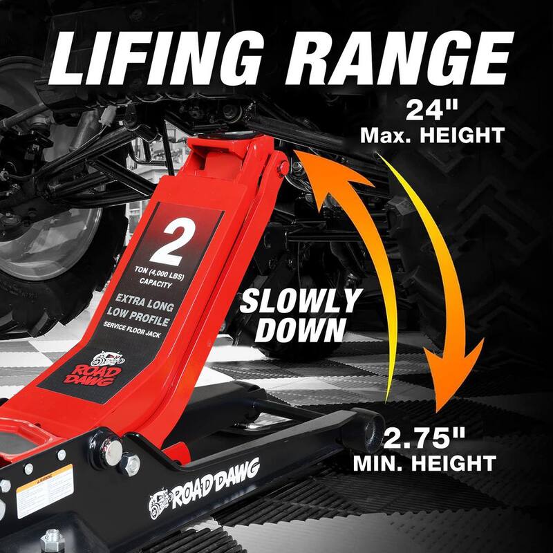 ROAD DAWG Ultra-Low Profile Floor Jack with Magnetic Tray, Foot Pedal, Quick Lift Dual Pump, 2 Ton (4,000 lb.) Capacity - ATZ815009D